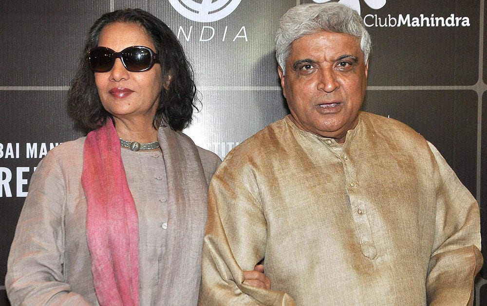 Actor Shabana Azmi with his husband and writer Javed Akhtar at the inauguration of the third edition of the Mumbai Mantra Sundance Institute Screenwriters Lab, in Mumbai.