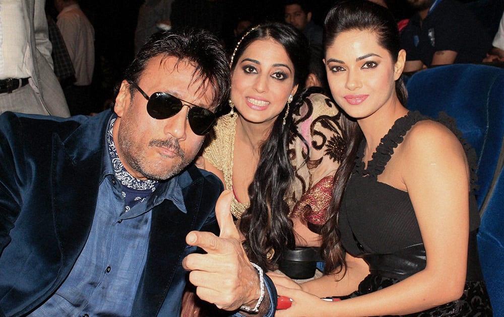 Star cast of the film ‘Gang Of Ghosts’ Jackie Shroff, Mahie Gill and Meera Chopra at the premier of the film in Noida.