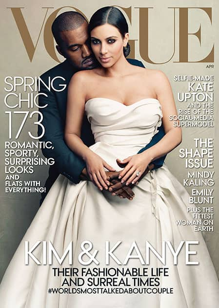 This cover image taken by Annie Leibovitz for Vogue shows the April 2014 issue of the high fashion magazine featuring rapper Kanye West and TV personality Kim Kardashian.