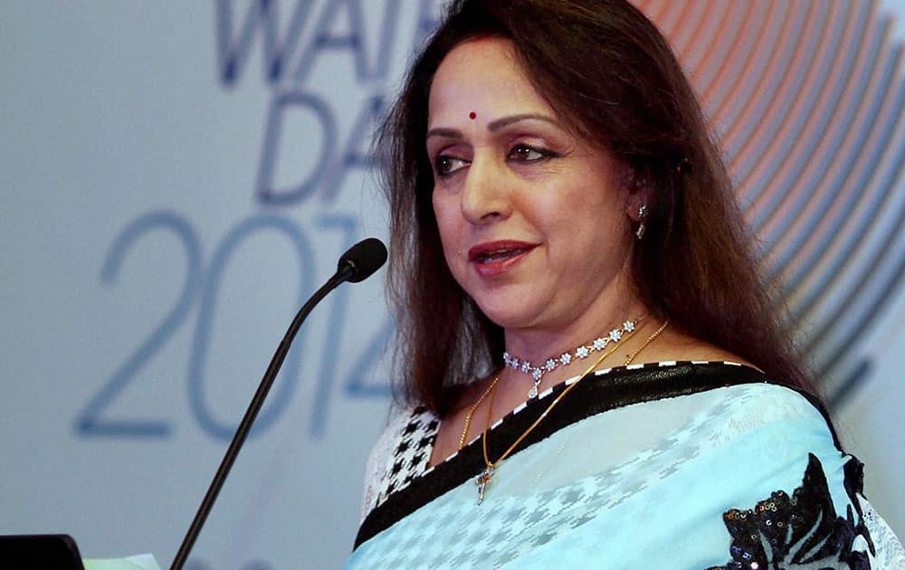 Bollywood actor & brand ambassador of water purifiers brand Hema Malini addressing at launch of 'Save Water' campaign during the world Water Day in New Delhi.