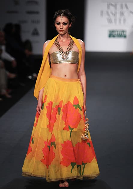 A model displays a creation by Anupamaa Dayal during the Wills lifestyle Fashion Week in New Delhi.