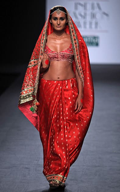 A model displays a creation by Anupamaa Dayal during the Wills lifestyle Fashion Week in New Delhi.