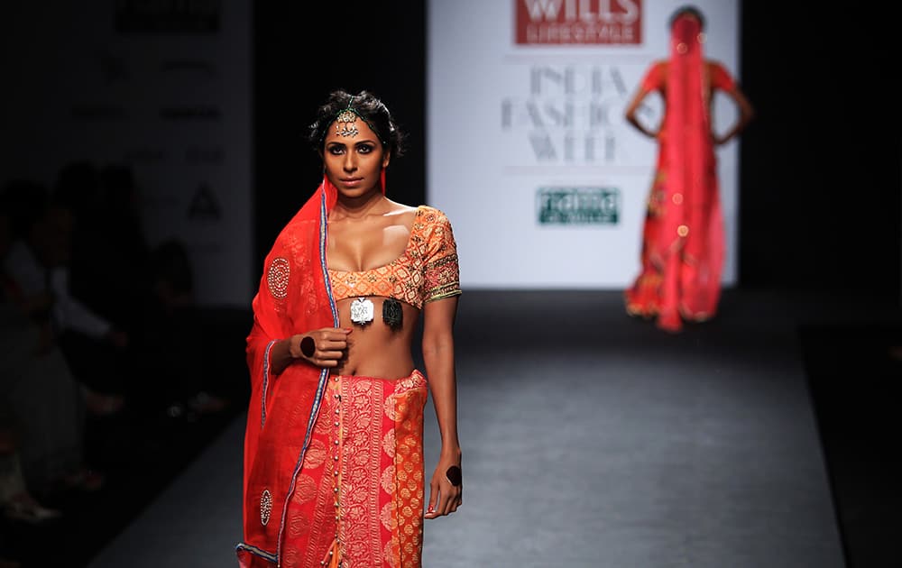 A model displays a creation by Anupamaa Dayal during the Wills lifestyle Fashion Week in New Delhi.