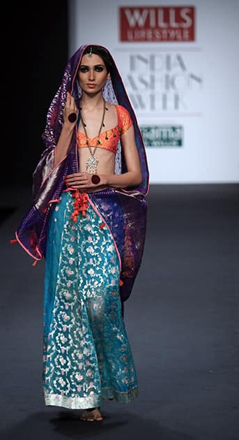 A model displays a creation by Anupamaa Dayal during the Wills lifestyle Fashion Week in New Delhi.