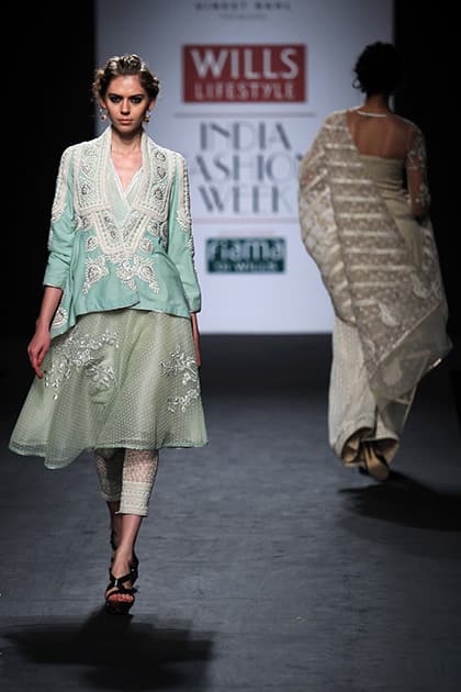 A model displays a creation by Vineet Bahl during the Wills lifestyle Fashion Week in New Delhi.