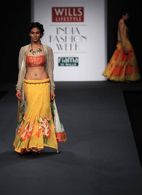 A model displays a creations by Anupamaa Dayal during the Wills lifestyle Fashion Week in New Delhi.