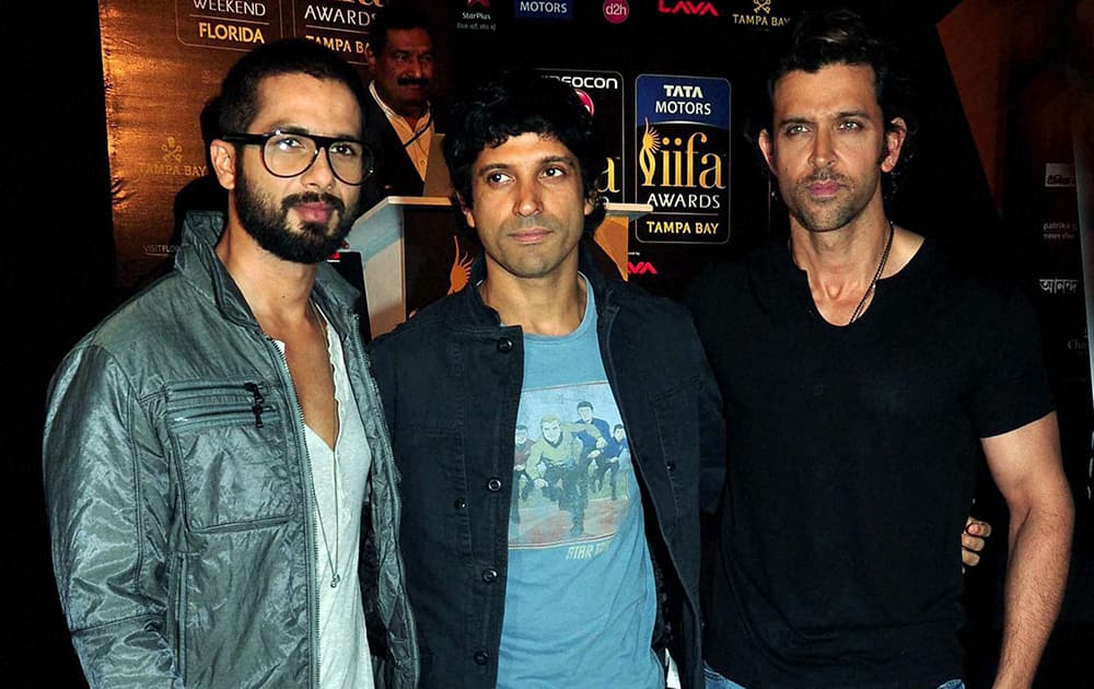 Bollywood actors Hrithik Roshan, Shahid Kapoor and Farhan Akhtar during a media interaction for IIFA announcement in Mumbai.