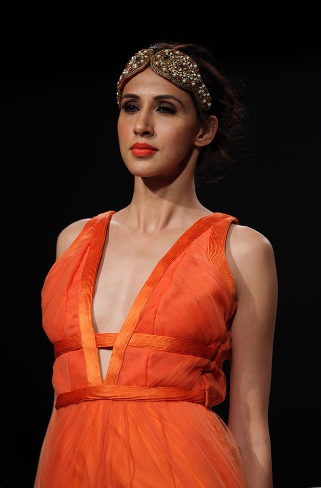 A model displays a creation by Rehane, during the Wills lifestyle Fashion Week in New Delhi.