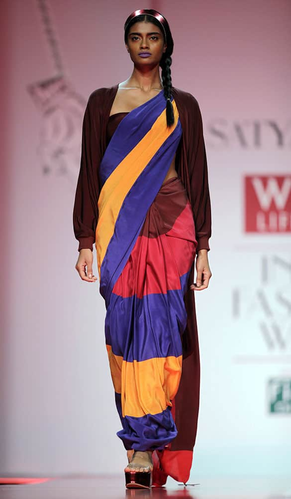 A model displays a creation by Satya Paul during the Wills lifestyle Fashion Week in New Delhi.