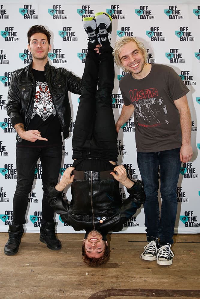 Louis Vecchio, David Boyd, Soren Hansen of the band New Politics is seen at the `Off the Bat from MLB Fan Cave` Launch Party, in New York.