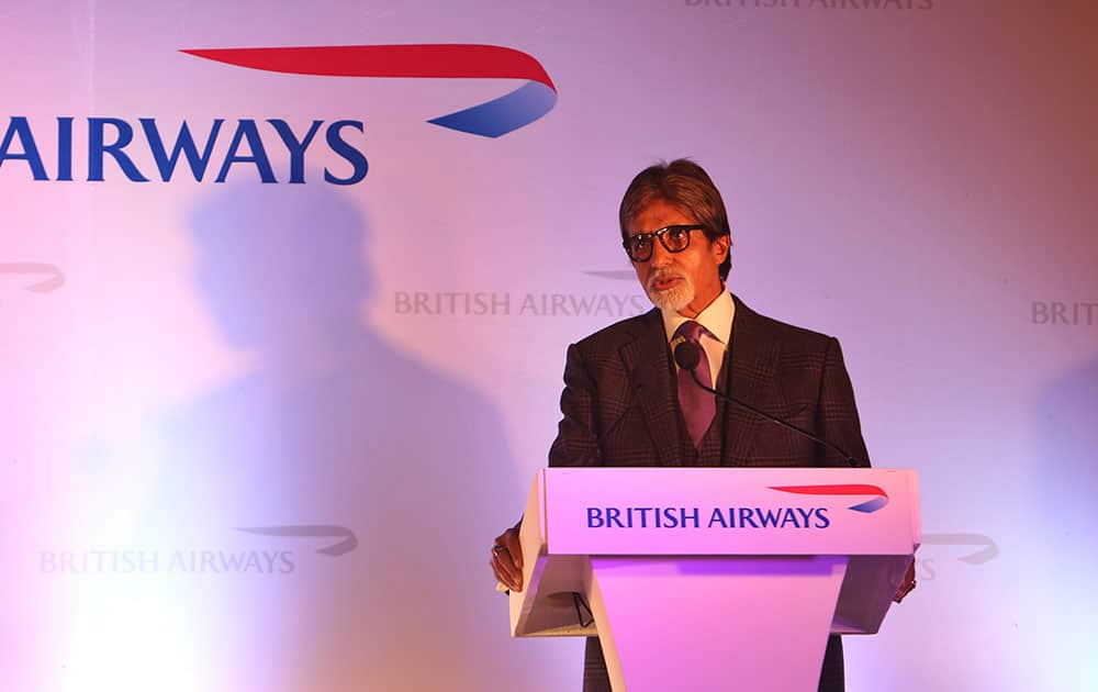 Bollywood super star Amitabh Bachchan speaks at an event to mark the arrival of the first British Airways’ Boeing 787 Dreamliner in Hyderabad.