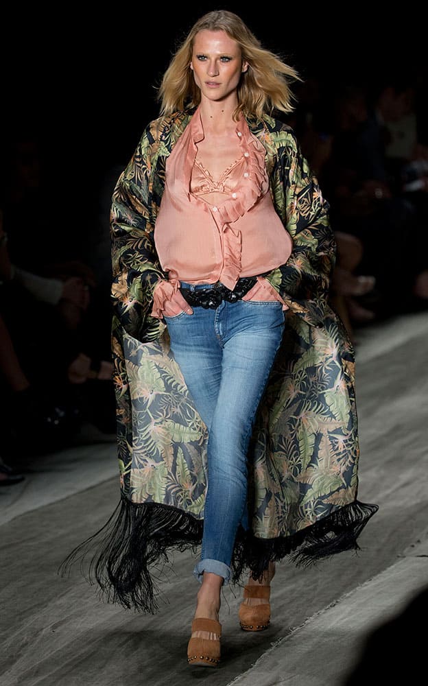 A model wears a creation from the Cavalera Summer collection at Sao Paulo Fashion Week.