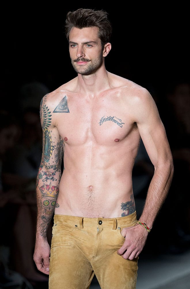 A model wears a creation from the Cavalera Summer collection at Sao Paulo Fashion Week.