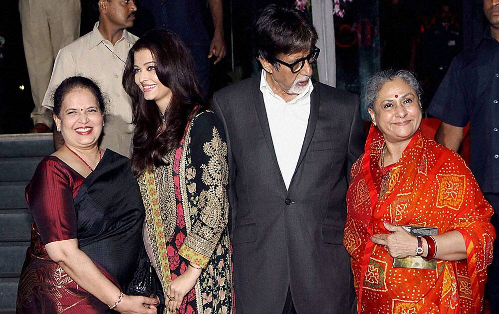 Bollywood actor Amitabh Bachchan, Jaya Bachchan and Aishwarya Rai Bachchan along with her mother, Brindya Rai during the curtain raiser of film Kochadaiiyaan in Mumbai.