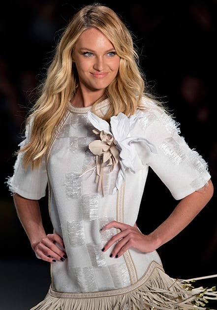 South Africa's model Candice Swanepoe wears a creation from the Forum Summer collection during Sao Paulo Fashion Week in Sao Paulo, Brazil.