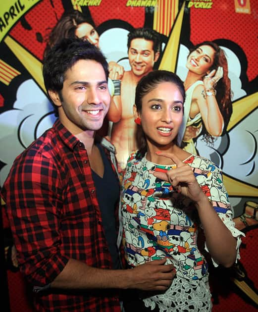 Bollywood actors Varun Dhawan, Ileana D'Cruz, pose for photographs during promotion of their film Main tera hero, in Lucknow.