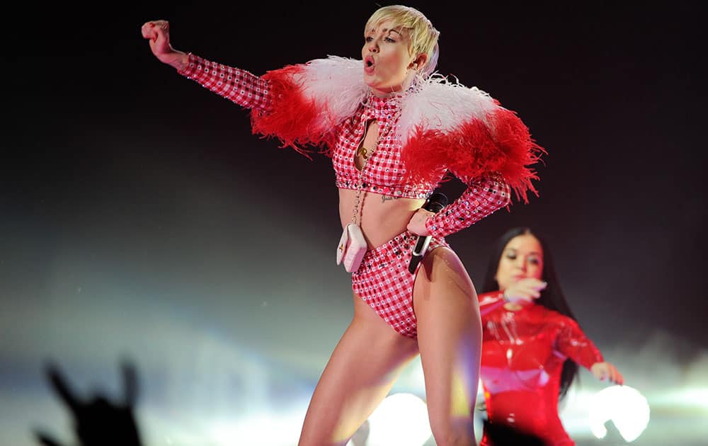 Singer Miley Cyrus performs at the Barclays Center in New York. 