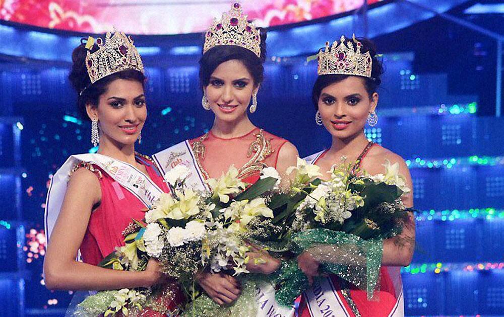 ( L-R) Jhataleka Malhotra (Fbb Femina Miss India 2014 1st runner-up), Koyal Rana (Fbb Femina Miss India World 2014), and Gail Da'Silva (Fbb Femina Miss India 2014 2nd runner-up) after Femina Miss India competition in Mumbai.