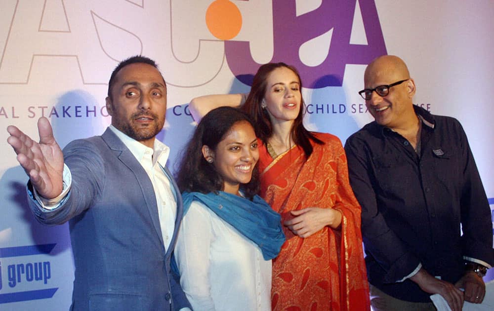 Bollywood actors Kalki Koechlin and Rahul Bose with SuchiSmita Bose, Director of The Foundation and Rahul Akerkar during a press conference to announce the 1st Annual Stakeholder's Conference on Child Sexual Abuse (ASCCSA) in Mumbai.