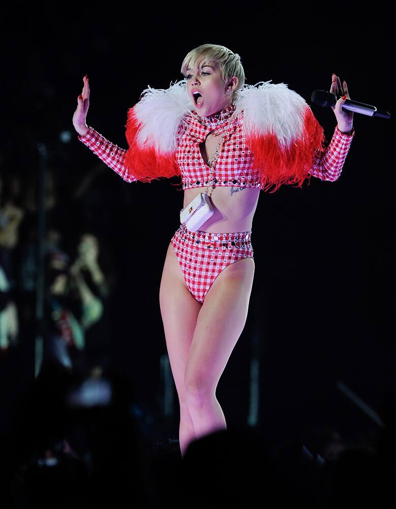 Singer Miley Cyrus performs at the Barclays Center, in New York.