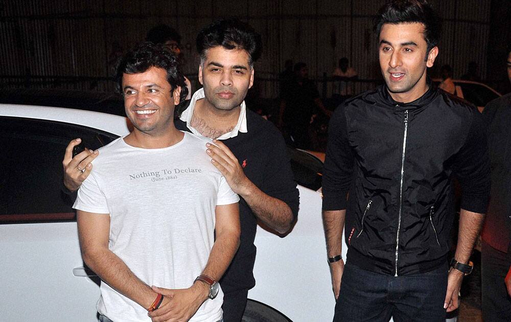 Vikas Bhal, Karan Johar and actor Ranbir Kapoor during a party for their upcoming film 'Bombay Velvet' in Mumbai.