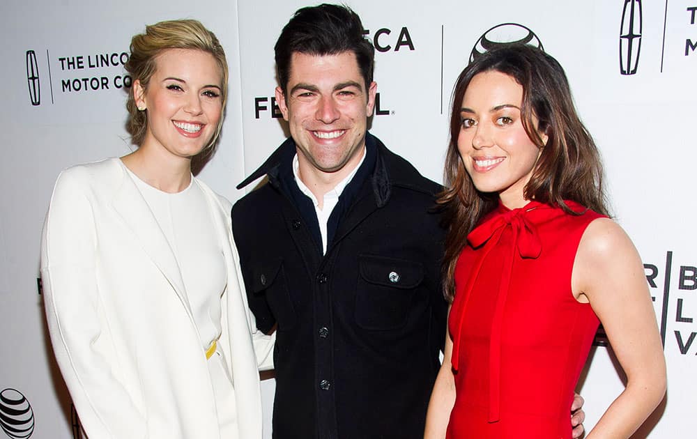 Maggie Grace, Max Greenfield and Aubrey Plaza attend the premiere of 'About Alex' during the Tribeca Film Festival, in New York.