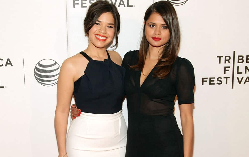 Actresses America Ferrera, left, and Melonie Diaz, right, attend the world premiere of `X/Y` at the 2014 Tribeca Film Festival in New York.