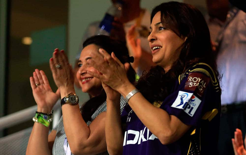 Juhi Chawala Co- owner of Kolkatta Knight Riders during the Indian Premier League 2014 Season between The Kings XI Punjab and the Kolkata Knight Riders at the Sheikh Zayed Stadium, Abu Dhabi, United Arab Emirates.