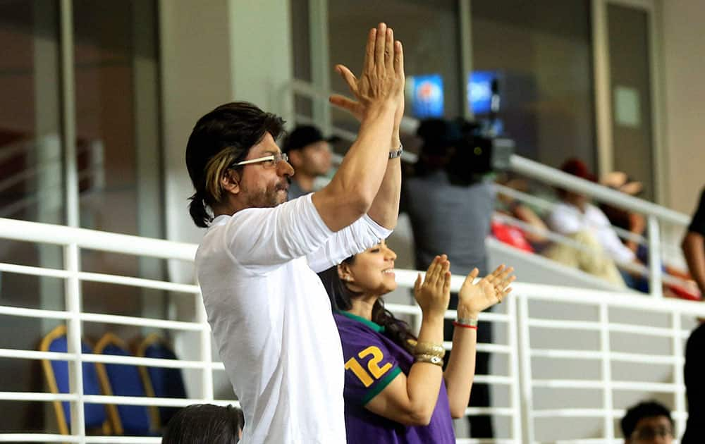 Sharaukh Khan owner of Kokatta Knight Riders during the Indian Premier League 2014 Season between The Kings XI Punjab and the Kolkata Knight Riders at the Sheikh Zayed Stadium, Abu Dhabi, United Arab Emirates.