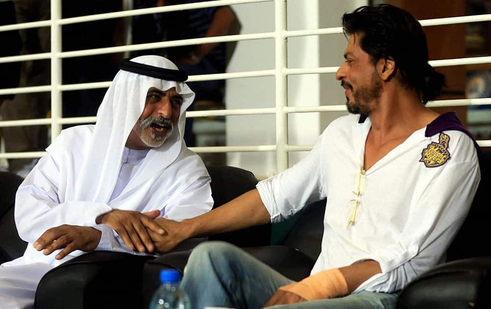 His Excellency Shaikh Nahayan Mubarak and Sharaukh Khan owner of Kolkatta Knight Riders during an IPL 7 match in Abu Dhabi.