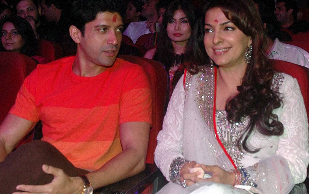 Bollywood Actors Farhan Akhter and Juhi Chawala during the Dada Saheb Phalke award event in Mumbai.