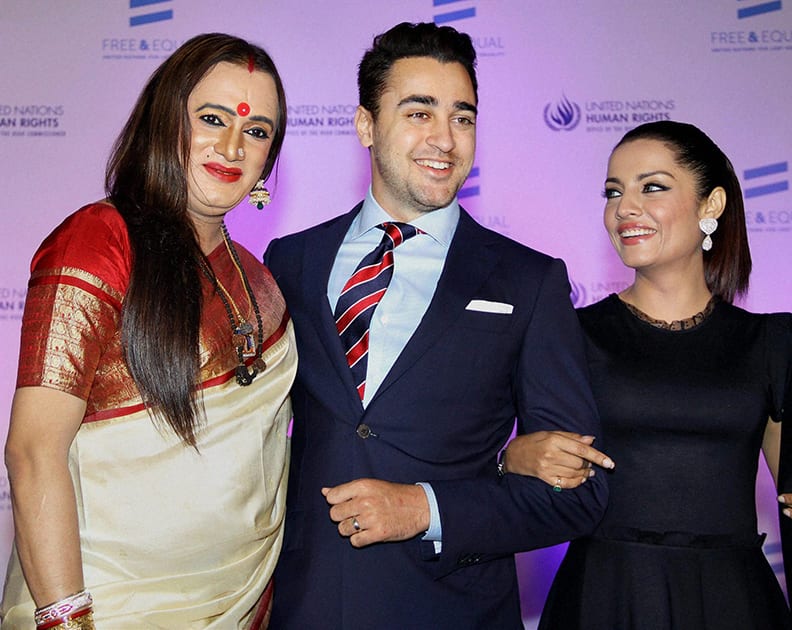 Bollywood actors Imran Khan and Celina Jaitly, Laxmi during the launch of a United Nations music video for lesbian, gay, bisexual and transgender (LGBT) equality in Mumbai.