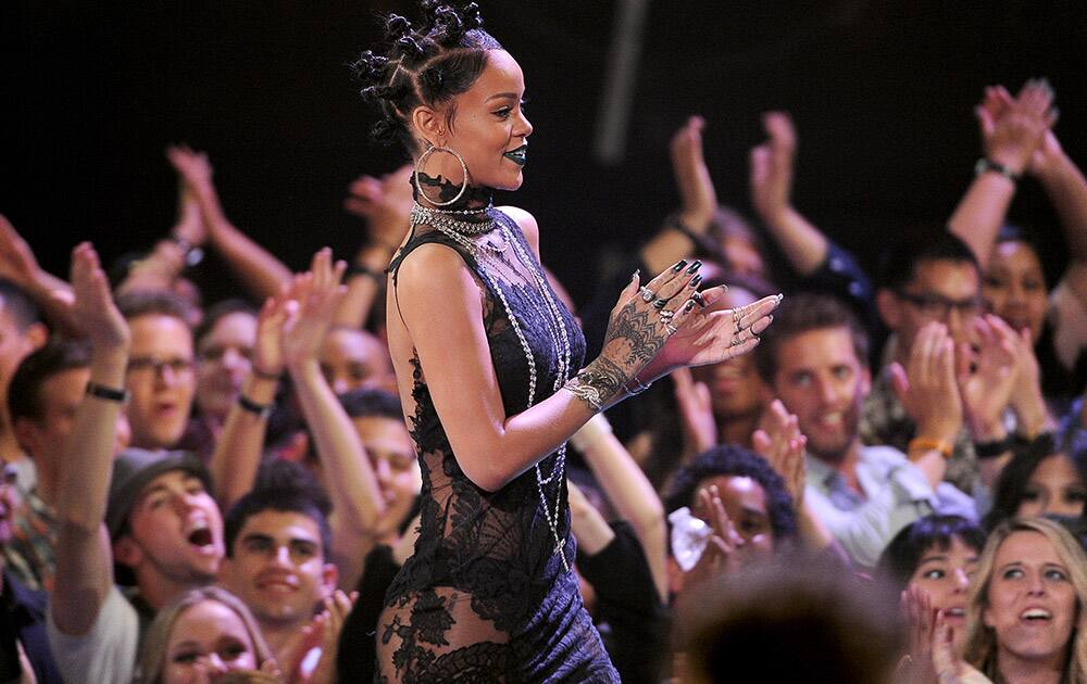 Rihanna accepts the award for song of the year for 'Stay' at the iHeartRadio Music Awards at the Shrine Auditorium in Los Angeles.