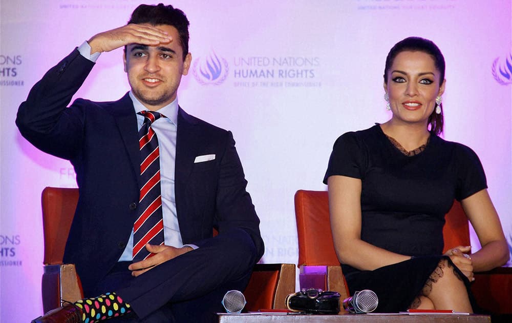 Bollywood actors Imran Khan and Celina Jaitly during the launch of a United Nations music video for lesbian, gay, bisexual and transgender (LGBT) equality in Mumbai.