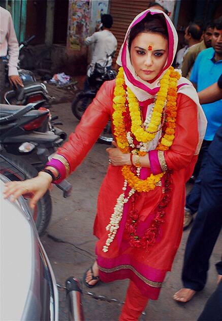 Preity Zinta comes out of the Baba Kal Bhirav temple in Varanasi.