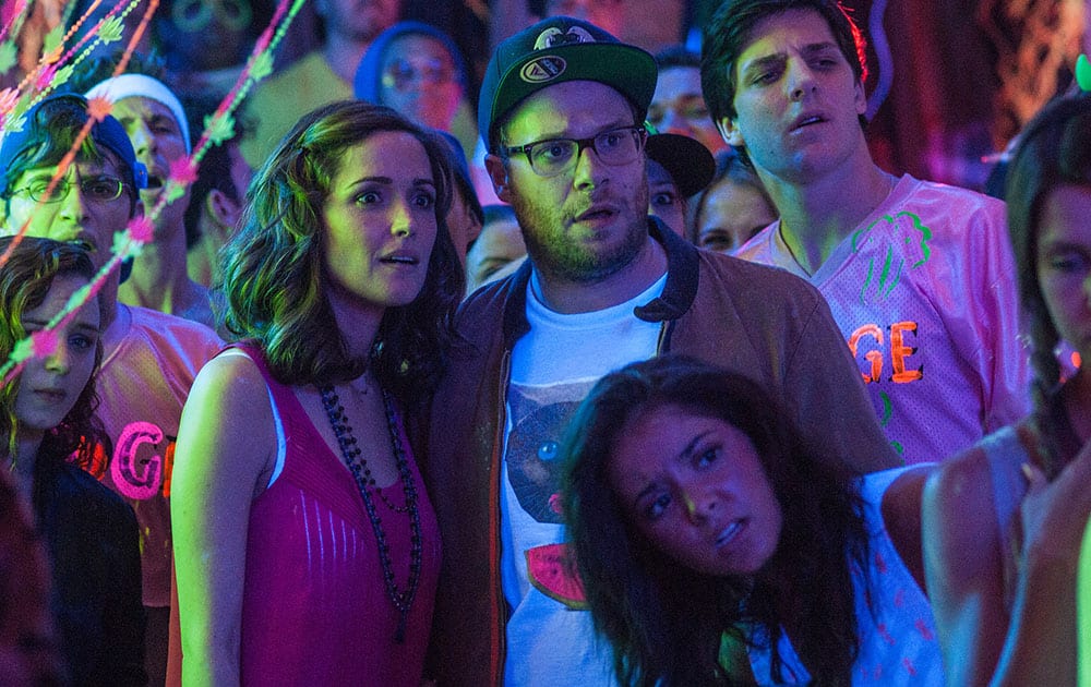 This image released by Universal Pictures shows Rose Byrne, left, and Seth Rogen in a scene from 'Neighbors.'