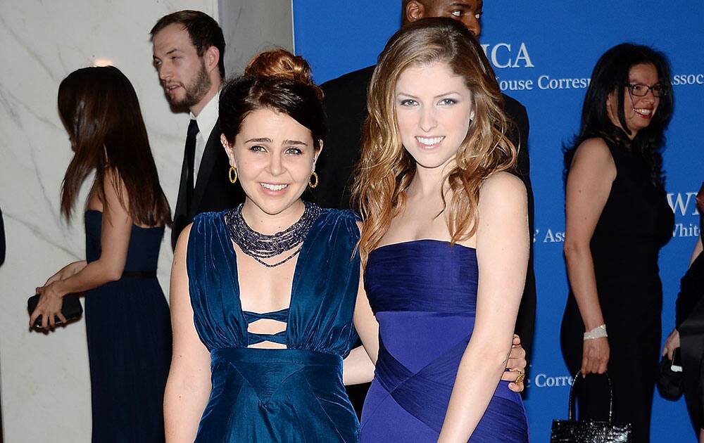 Actresses Mae Whitman, left, and Anna Kendrick attend the White House Correspondents' Association Dinner at the Washington Hilton Hotel, in Washington.