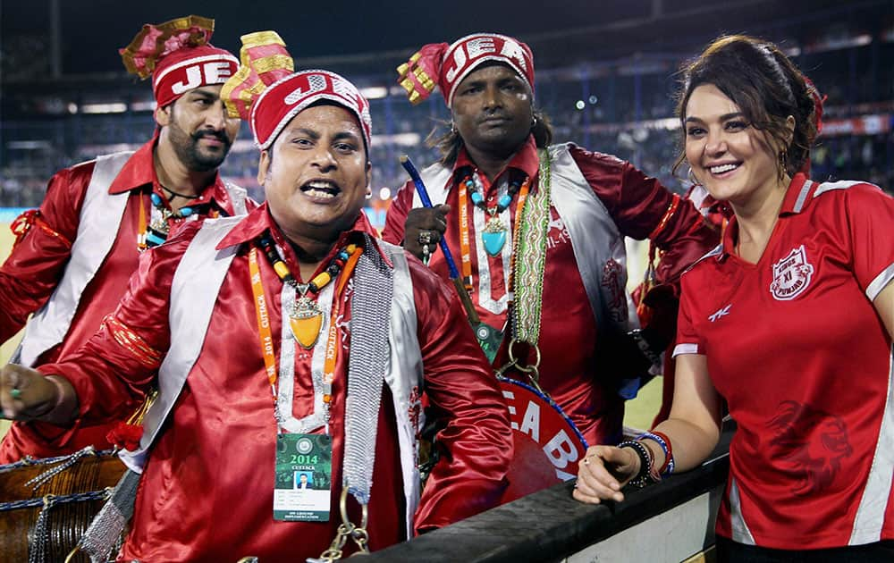 Owner of Kings X1 Punjab Priety Zinta smiles as drummers perform during a match between the Kings XI Punjab and Chennai Super Kings held at the Barabati Stadium, Cuttack.