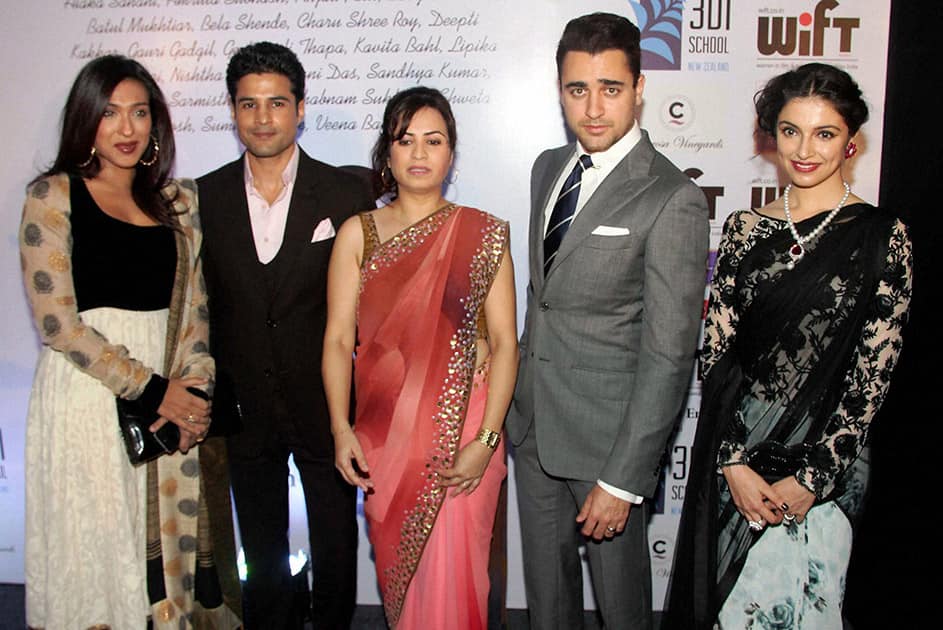 Bollywood actors Rituparna Sengupta, Rajeev Khandelwal, Petrina D'Rozario, founder President, WIFT, actor Imran Khan and filmmaker Divya Khosla Kumar during the WIFT's 61st National Women achievers award ceremony in Mumbai.