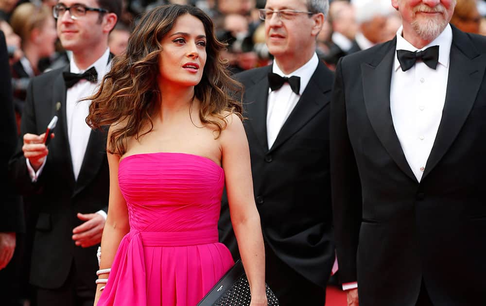 Actress Selma Hayek-Pinault arrives for the screening of Saint-Laurent at the 67th international film festival, Cannes, southern France.