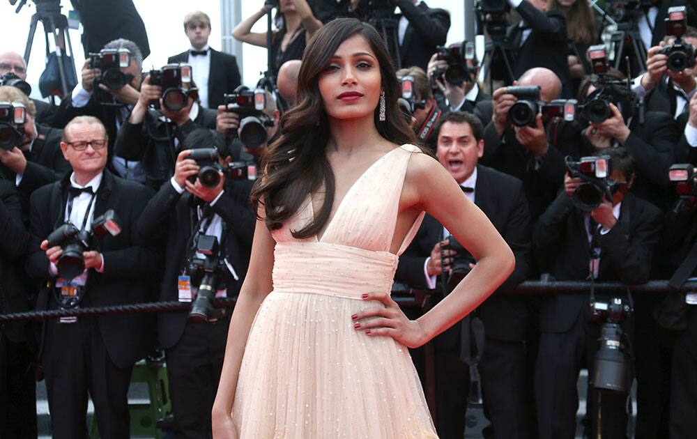 Freida Pinto arrives for the screening of Saint-Laurent at the 67th international film festival, Cannes, southern France.