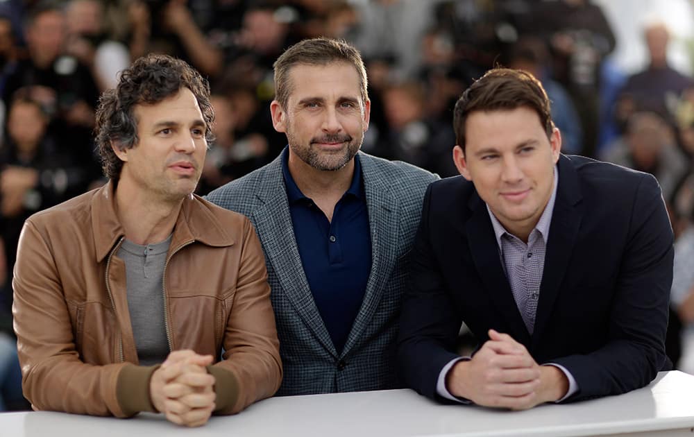 Actor Mark Ruffalo, Steve Carell and actor Channing Tatum pose for photographers during a photo call for Foxcatcher at the 67th international film festival, Cannes, southern France.