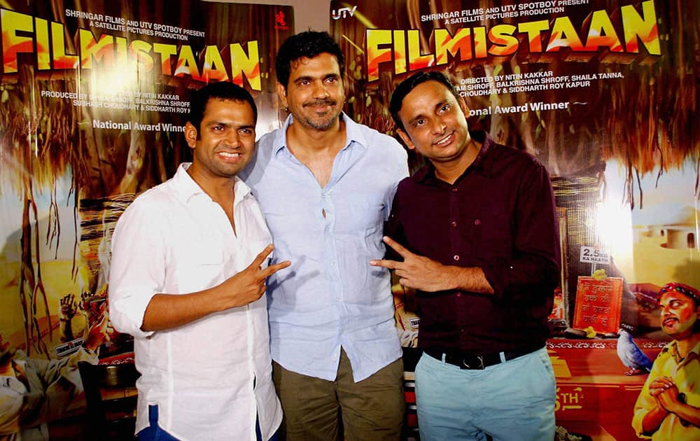 Director of National award winning movie 'Filmistaan' Nitin Kakkar, centre, with actors Sharib Hashmi and Inaamulhaq during a press conference in Hyderabad.