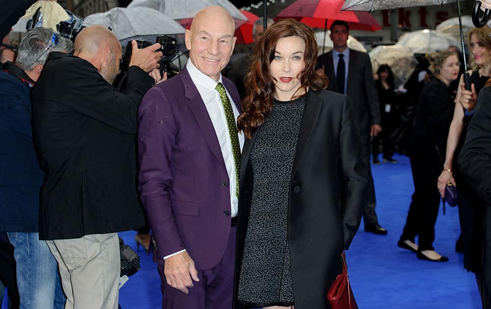 British actor Patrick Stewart and Sunny Ozell arrive for the UK Premiere of X-Men Days Of Future Past at a central London cinema.