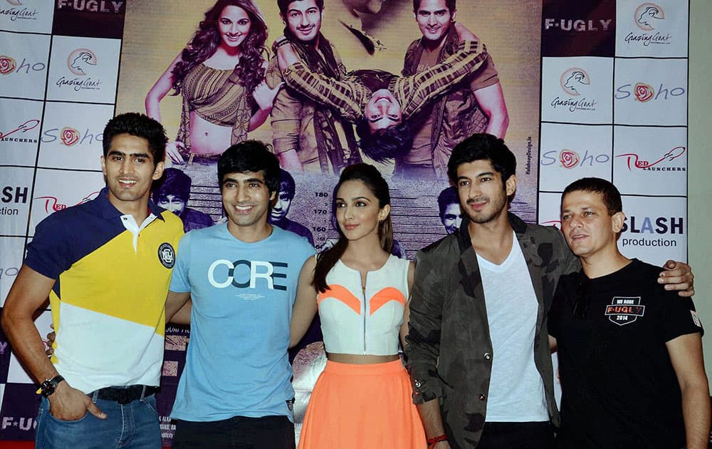 From left-Indian Boxer Vijender Singh, film actors Arif Lamba, Kiara Advani, Mohit Marwah and director Kabir Sadanand during a promotional program for their upcoming film Fugly.