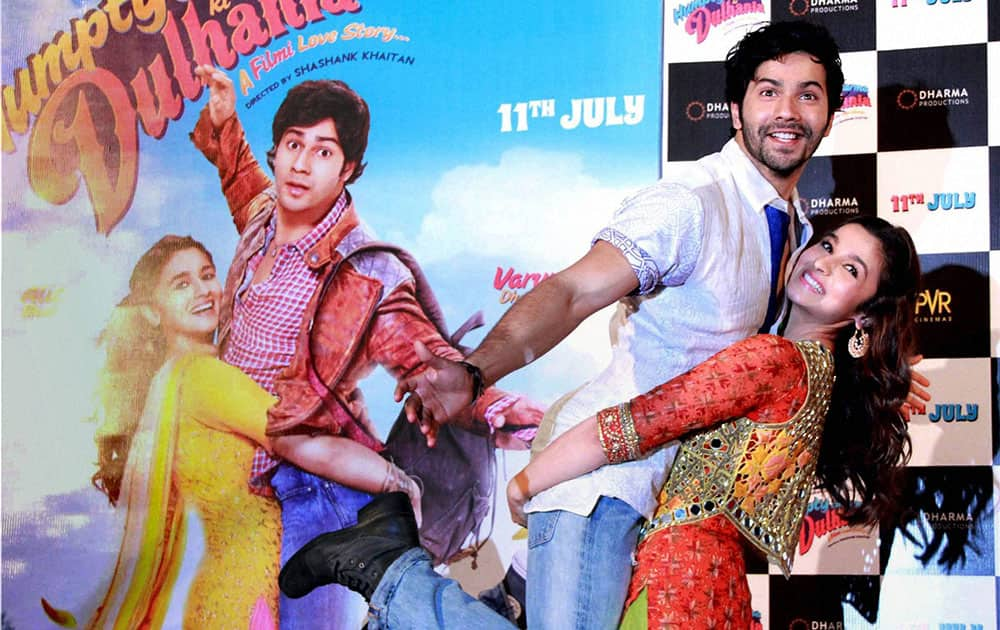 Bollywood actors Alia Bhatt and Varun Dhawan pose during the trailer launch of the film 'Humpty Sharma Ki Dulhania' in New Mumbai.