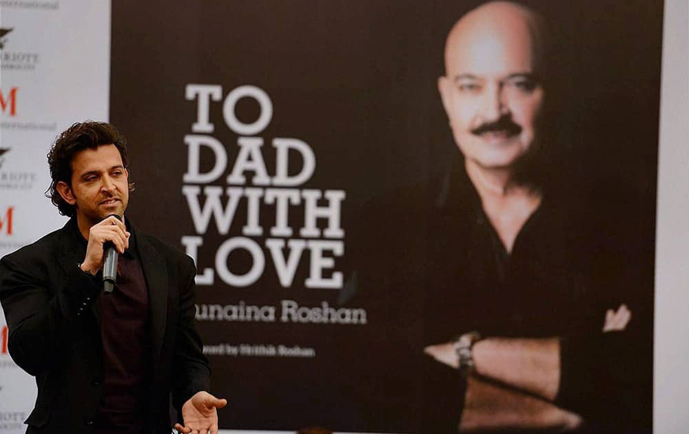 Hrithik Roshan speaks during the launch of his sister Sunaina Roshan's pictorial biography on their father Rakesh Roshan.