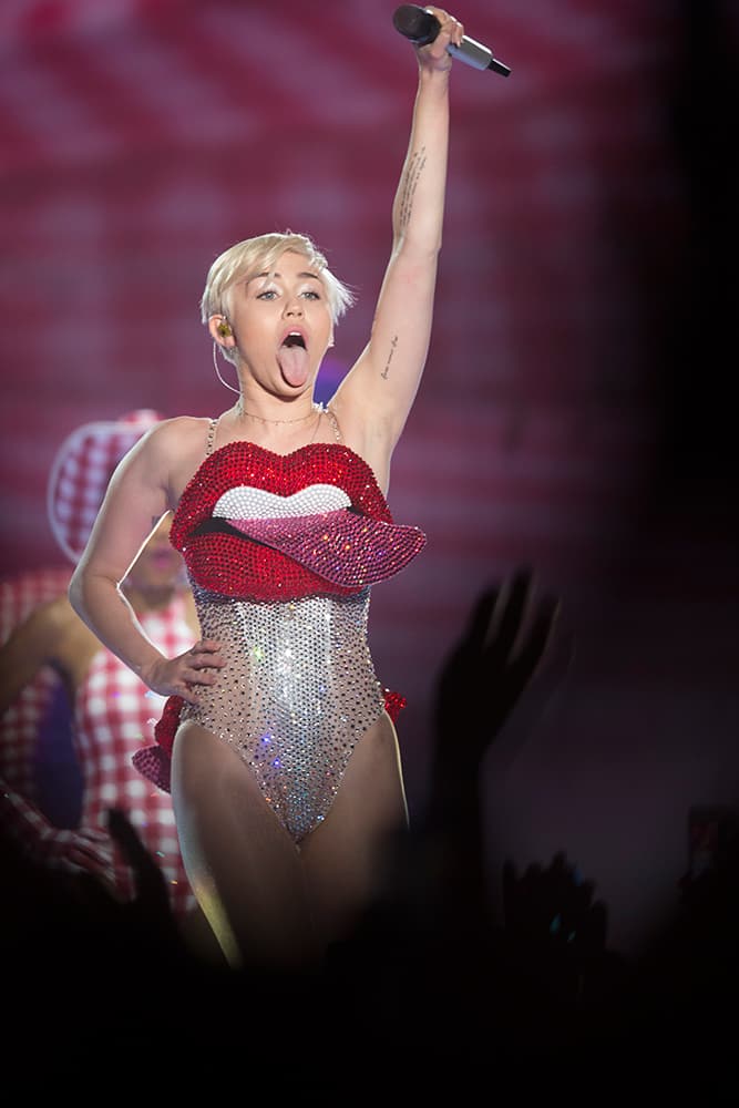 American singer Miley Cyrus performs on stage during a concert in the Telenor Arena, at Fornebu just outside Oslo, Norway.