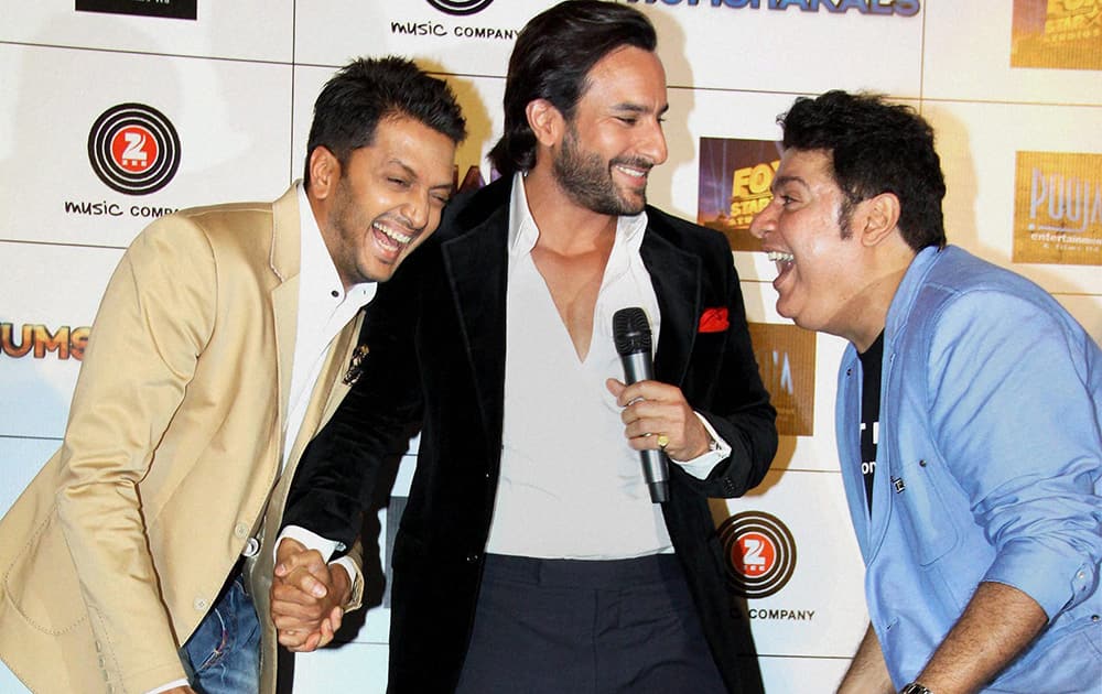 Riteish Deshmukh, Saif Ali Khan and filmmaker Sajid Khan during a press conference for the film.