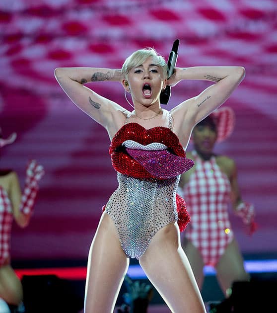 US singer Miley Cyrus performs during her concert at the Ericsson Globe Arena in Stockholm, Sweden.